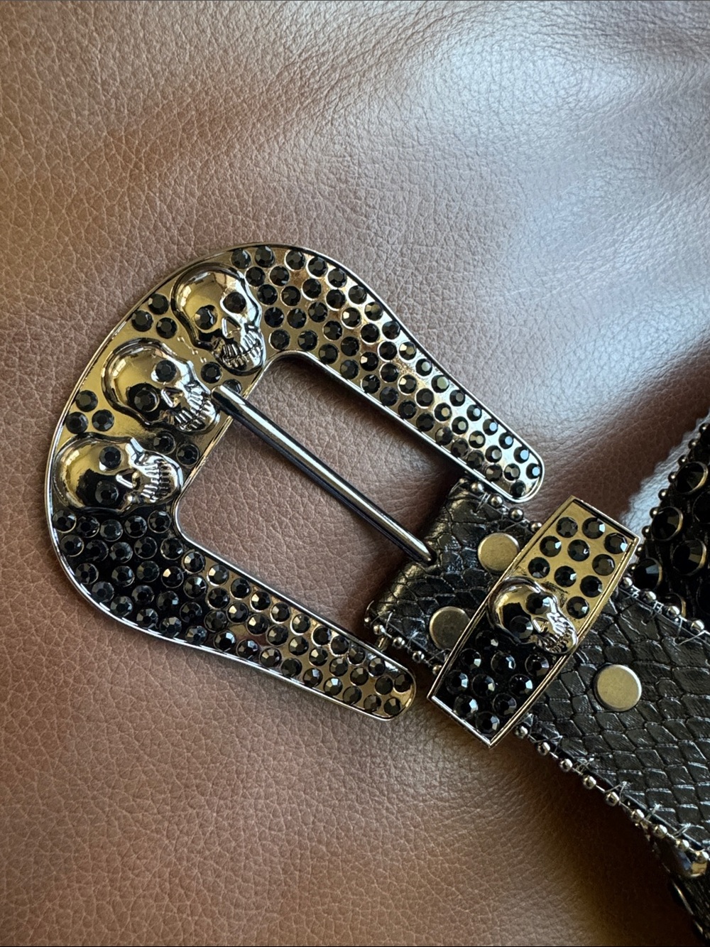 Studded Skull Rhinestone Belt with Decorative Buckle Western, Cowgirl, Gothic - Picture 2 of 9